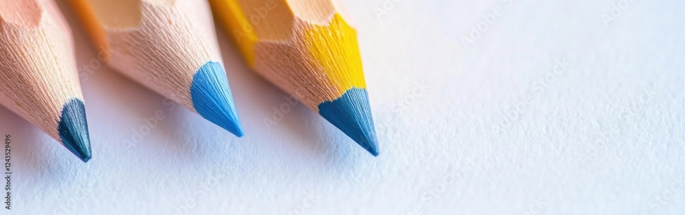 Poster colored pencils with blue and yellow tips placed on a white background for artistic exploration and 