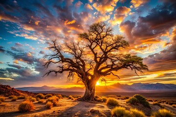 Obraz premium Lone Thorn Tree Silhouette at Sunset - Dramatic Desert Landscape Stock Photo