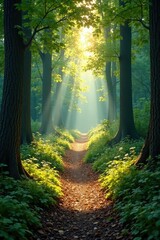 Soft sunlight casting shadows on forest floor, dappled light, peaceful