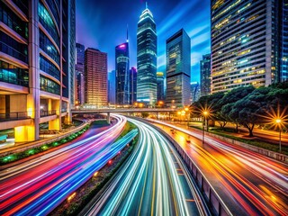 Fototapeta premium Long Exposure City Lightscape at Night, Urban Blurred Motion, Abstract Light Trails, Night Photography, Cityscape Panorama