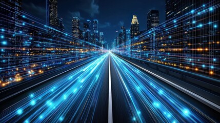 Fototapeta premium Digital abstract concept of network and data speed. Glowing lines and nodes representing the rapid movement of data, high-speed internet, and fast communication in modern technology.