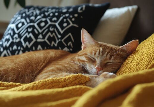 Cozy orange cat sleeping peacefully on a textured yellow blanket with decorative pillows in a warm and inviting indoor environment near a window - Powered by Adobe