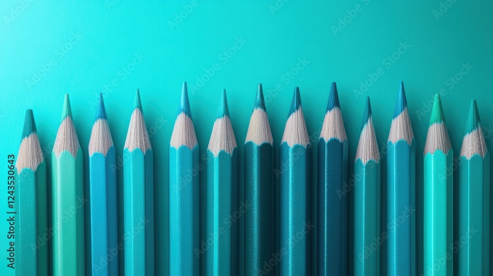 Poster Gradient of turquoise pencil strokes arranged in a minimalist style on a softly colored background