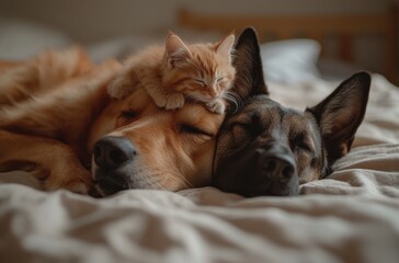 Cozy scene with dog cat sleeping together on a bed, close-up of their adorable faces with a kitten resting on dog's forehead in a warm and soft environment