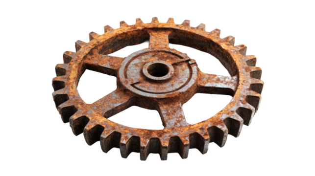 Rusty gear component industrial setting product isolated on transparent background