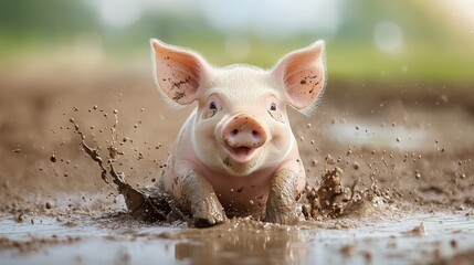 A cheerful piglet rolling and playing in a muddy puddle, with splashes of mud flying around and a big smile on its face