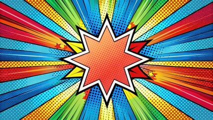 Colorful comic book inspired radial backdrop with geometric shapes and bold lines, futuristic