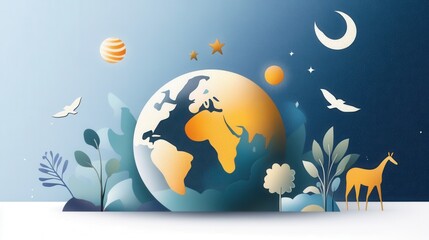 A colorful artistic illustration of a glowing earth with continents outlined by glowing wildlife and plants, symbolizing biodiversity.