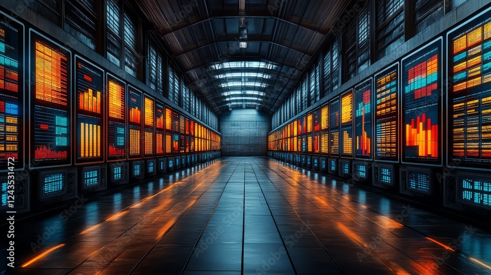 Poster futuristic data center with glowing screens showcasing vibrant data analytics.
