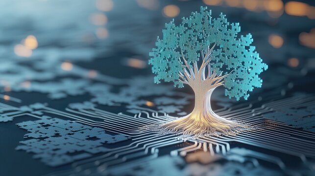 A conceptual representation of a glowing digital tree with puzzle leaves, symbolizing growth in technology.