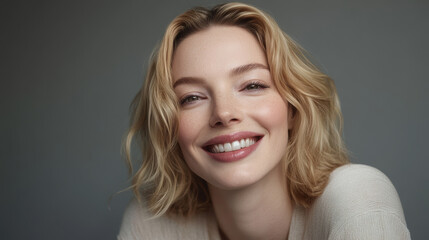 Fototapeta premium Professional portrait of a blonde woman with wavy hair and a bright smile, showcasing natural beauty and confidence in a minimalist gray studio setting