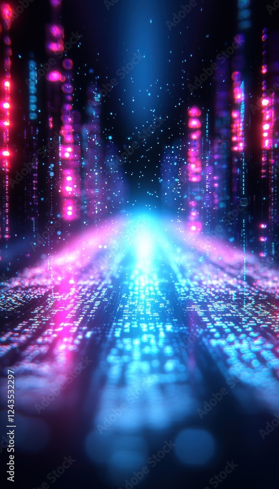 Poster a vibrant digital landscape with glowing lines and particles, creating a futuristic, abstract atmosp
