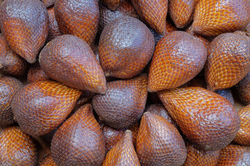The background is an abstract pattern and texture of a pile of snake fruit. The skin of the snake fruit is like brown scales. Natural patterns and textures. For graphic design, 3D rendering or banner 