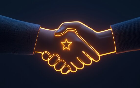 Customer Retention concept. A glowing handshake symbolizing partnership and collaboration with a star motif, representing trust and unity.