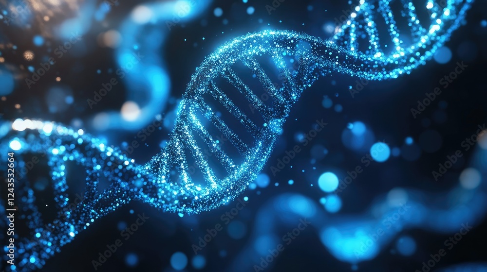 Poster sparkling blue dna helix structure with light particles background