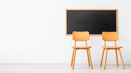 Two wooden chairs placed in front of a blank chalkboard against a minimalist wall