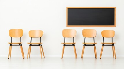 Modern minimalist classroom with wooden chairs aligned against a white wall and chalkboard