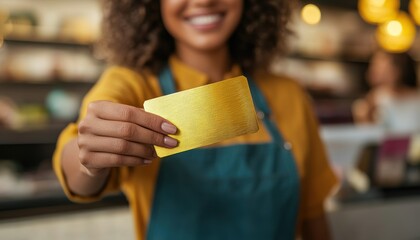 A smiling woman holds a shiny gold card, showcasing it confidently in a cozy cafe environment.