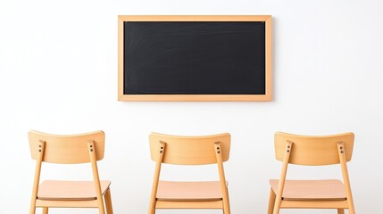 Empty classroom with three wooden chairs facing a blank chalkboard on a white wall