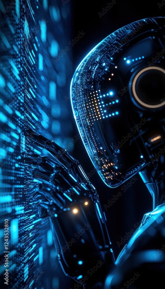 Poster a futuristic humanoid robot interacts with a glowing digital wall, showcasing advanced technology an