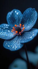 Close-up of a vibrant blue flower with orange stamen and droplets, set against a dark background