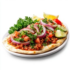 Delicious Flatbread Dish Topped with Fresh Vegetables, Herbs, and Meat with Lime and Lemon Garnish