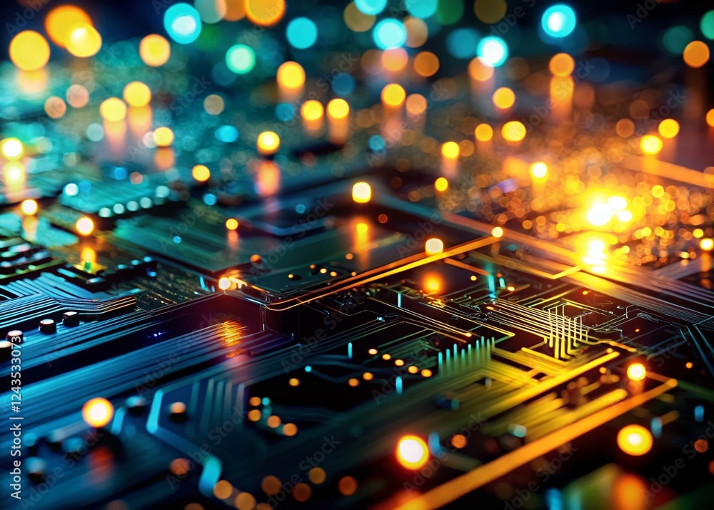 Poster low light digital technology background: glowing circuit boards and data streams