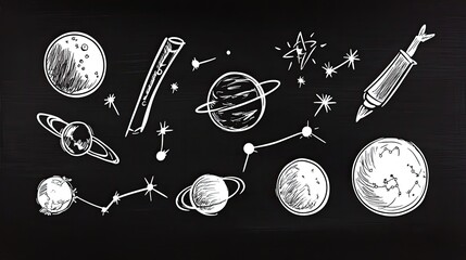 Creative illustration of planets, stars, and a telescope on a blackboard background, depicting space exploration
