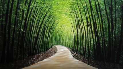 Abstract art of a glowing jungle path leading through thick foliage, symbolizing a journey through dense forests, in vibrant greens and browns