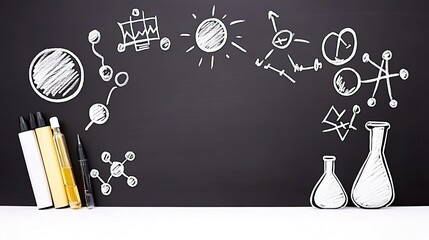 Creative science-themed workspace with drawings, laboratory glassware, and colorful markers