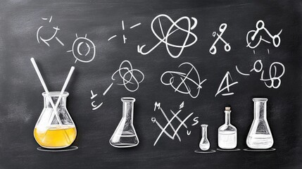 Laboratory scene with glass beakers and chalkboard filled with scientific drawings and formulas