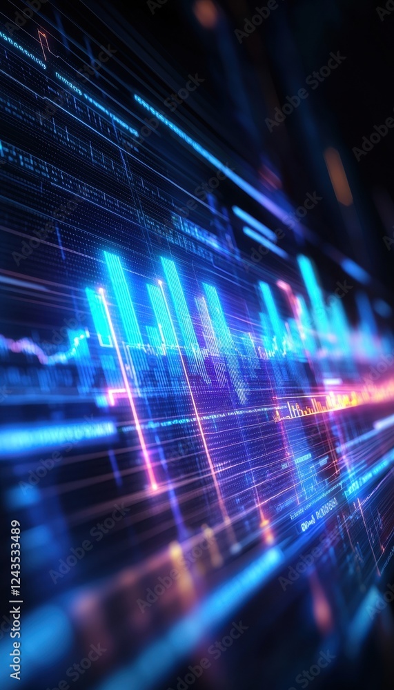 Poster a vibrant, abstract visualization of data streams, featuring glowing lines and bars in blue and purp
