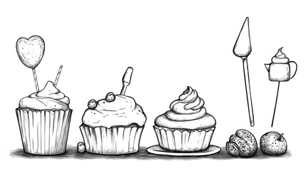 Hand-drawn illustration of various cupcakes with decorative elements and utensils