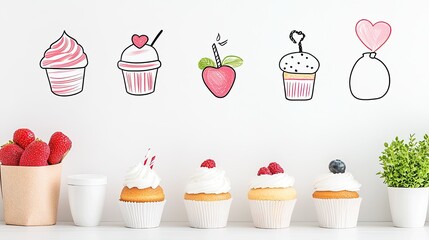 Colorful illustrations of desserts and fruits on a wall with cupcakes and strawberries in the foreground