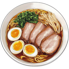 A bowl of ramen with thick, chewy noodles, sliced boiled egg, transparent background, PNG