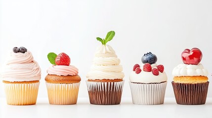 Colorful assortment of gourmet cupcakes with various toppings displayed on a white background