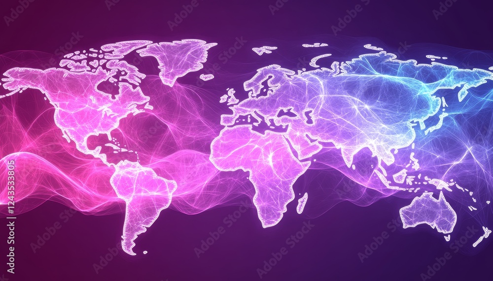 Poster global network connection. world map with glowing lines of data, technology and innovation concepts