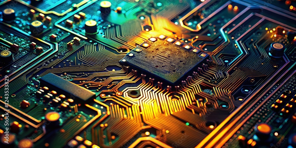 Poster low light microelectronics circuit board background - detailed macro photography