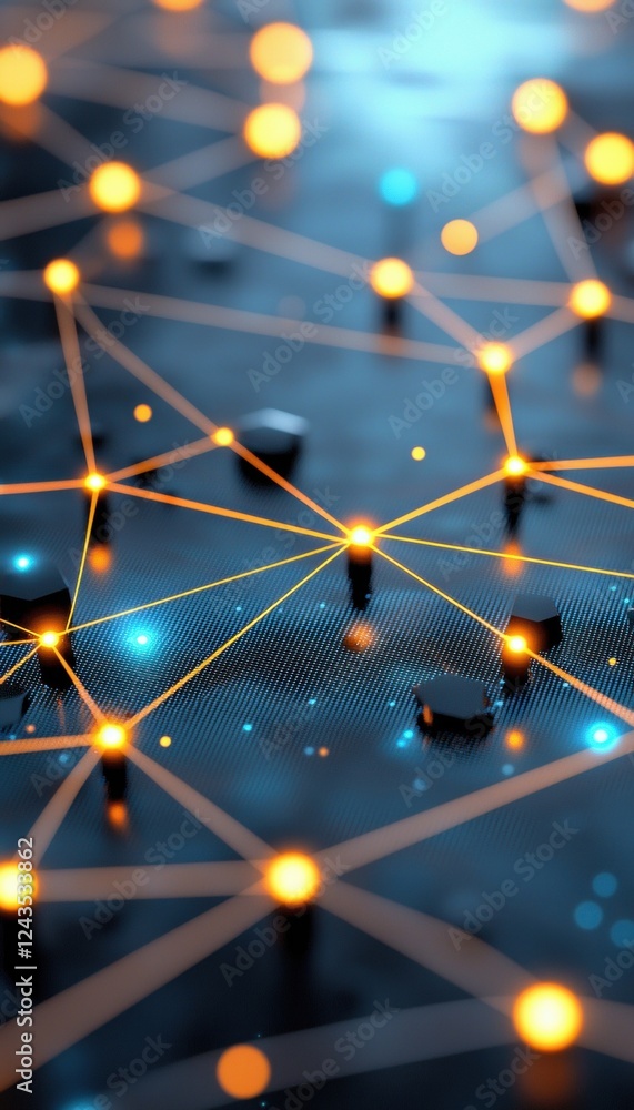 Poster a vibrant abstract representation of a network, featuring glowing nodes connected by lines against a