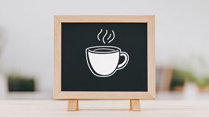 Minimalistic illustration of a steaming coffee cup on a blackboard-style background in a cozy caf?