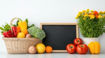 Fresh vegetables and fruits in a basket beside a chalkboard and blooming flowers on a table