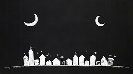 Whimsical chalk drawing of a night skyline with houses and crescent moons against a black backdrop