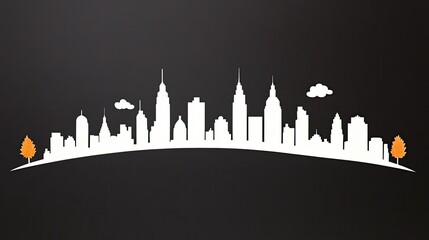 Silhouette of a city skyline against a dark background with stylized trees and clouds