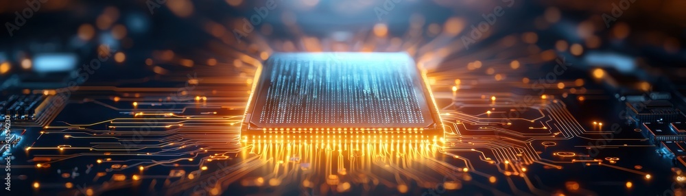 Poster a glowing microchip sits at the center of a complex circuit board, showcasing intricate patterns and