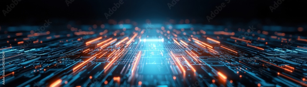 Poster a vibrant, digital landscape with glowing lines representing data flow, highlighting technology and 