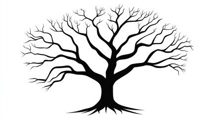 Bare tree silhouette, winter scene, white background, nature illustration