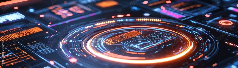 Poster a futuristic digital interface featuring glowing elements and intricate designs, showcasing advanced