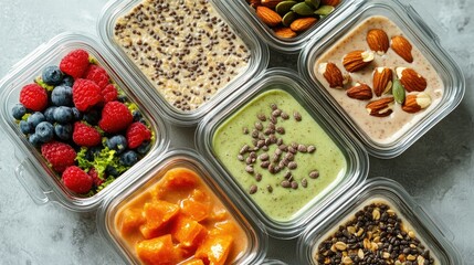 Healthy Meal Prep with Colorful Smoothies and Fruits in Containers