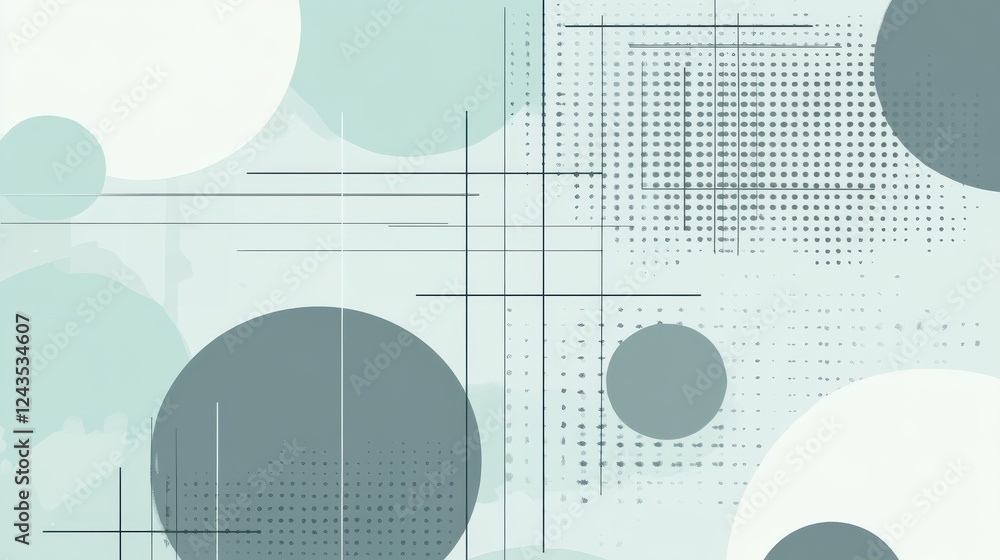 Poster Muted mint and gray minimalism featuring dashed lines and circular forms for modern interior design