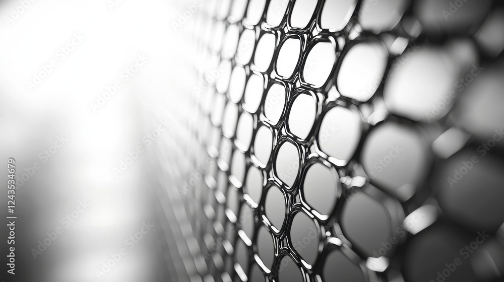 Poster a close-up view of a metallic mesh, showcasing a grid of hexagonal patterns, with a blurred light so